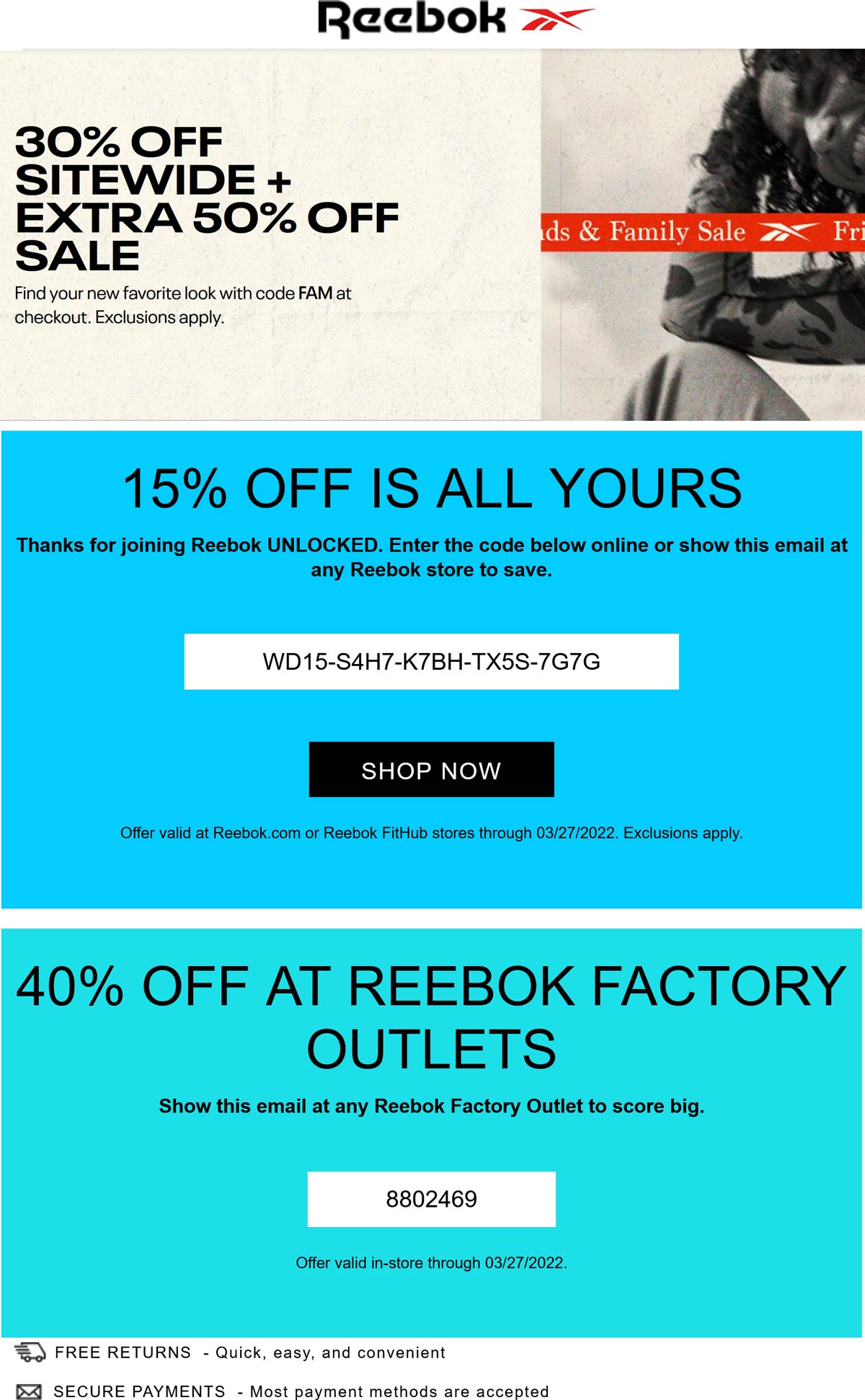 Reebok stores Coupon  30% off everything & 50% off sale items at Reebok via promo code FAM #reebok 