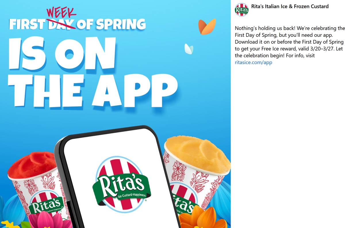 Ritas restaurants Coupon  Free Italian ice via mobile at Ritas #ritas 