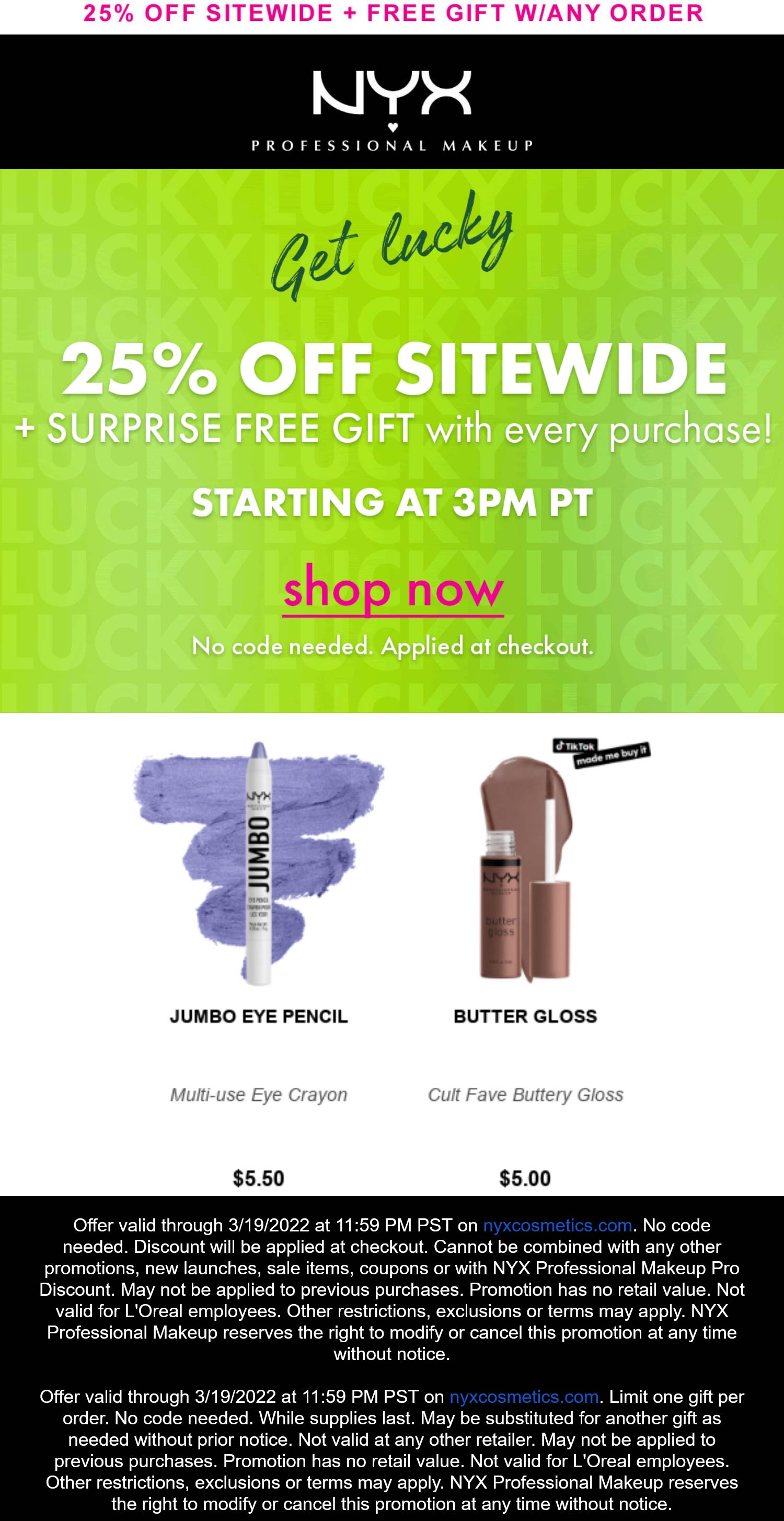 NYX stores Coupon  25% off everything + free gift at NYX Professional Makeup #nyx 