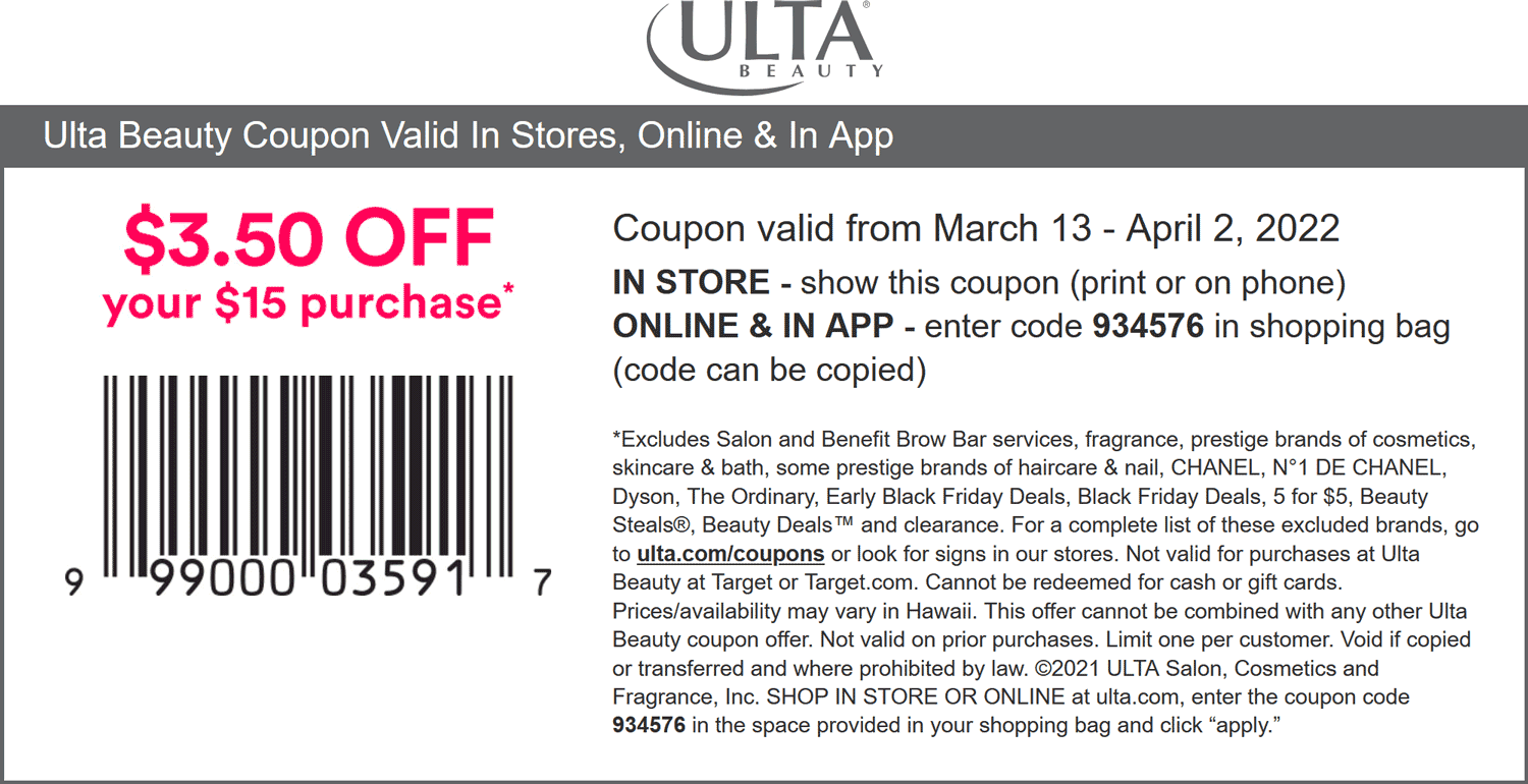 Ulta stores Coupon  $3.50 off $15 at Ulta Beauty, or online via promo code 934576 #ulta 
