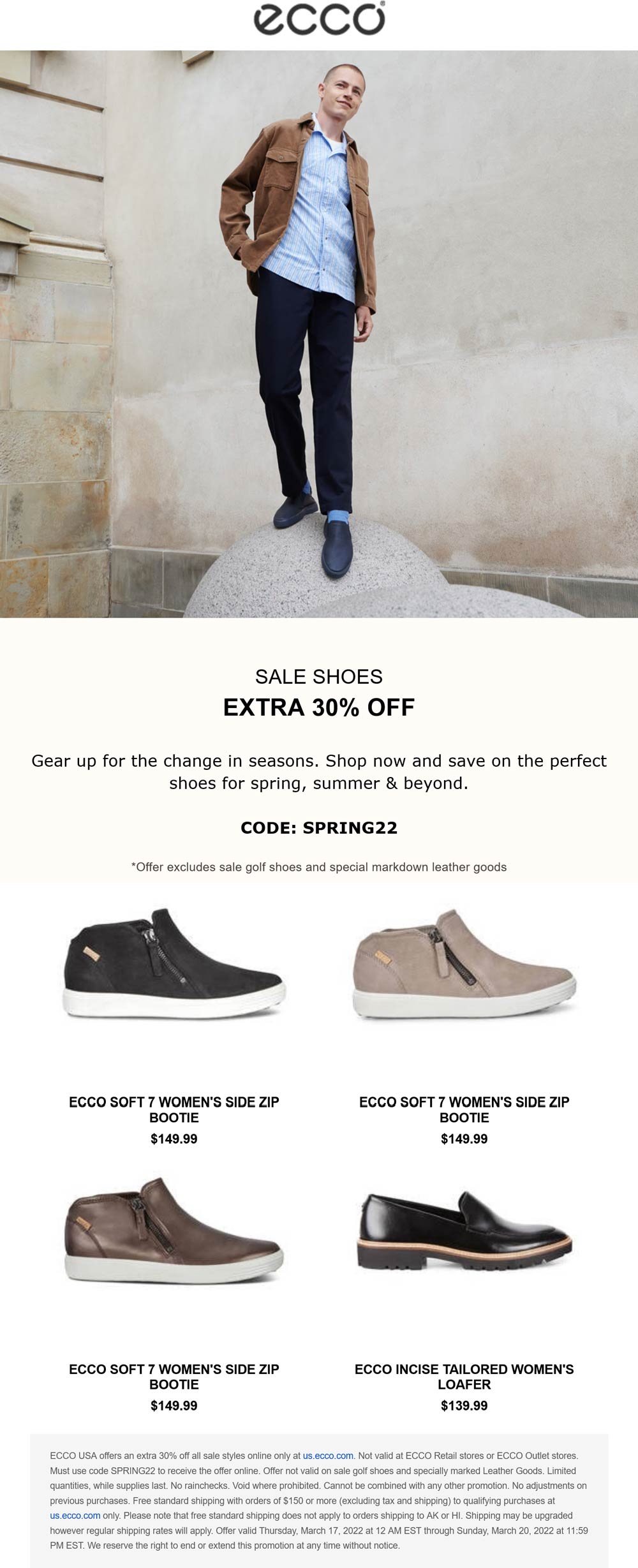 ECCO stores Coupon  Extra 30% off sale shoes online at ECCO via promo code SPRING22 #ecco 