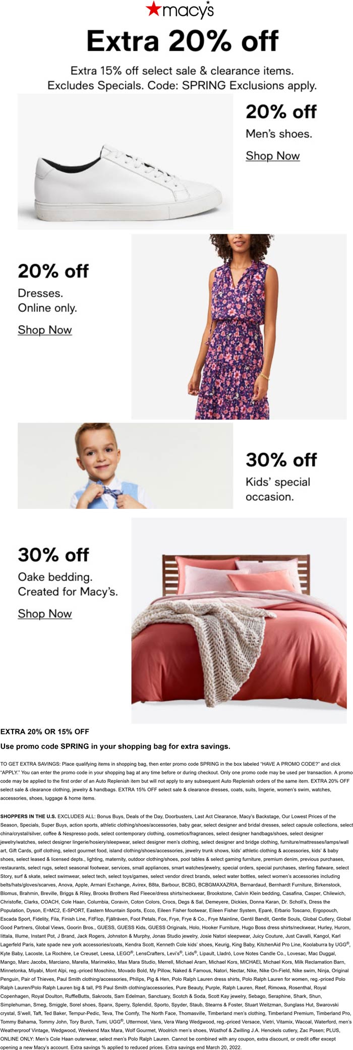 Macys stores Coupon  Extra 20% off at Macys, or online via promo code SPRING #macys 