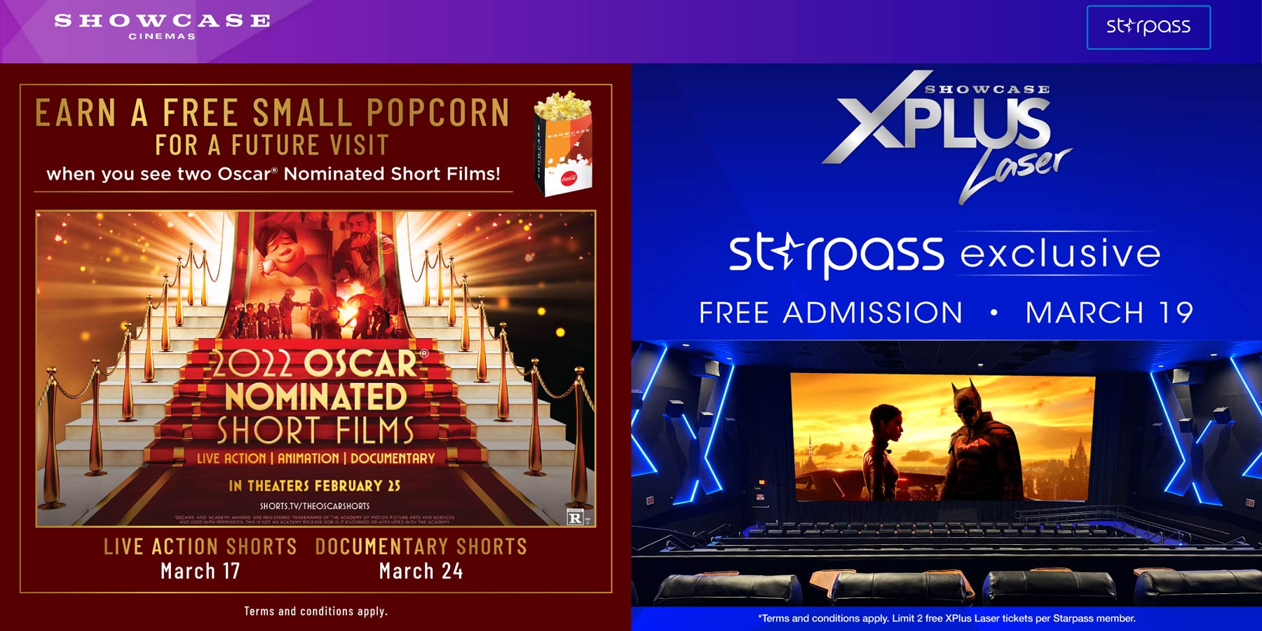 Showcase Cinemas stores Coupon  Free popcorn on 2 short film viewings & free admission for starpass members today at Showcase Cinemas #showcasecinemas 