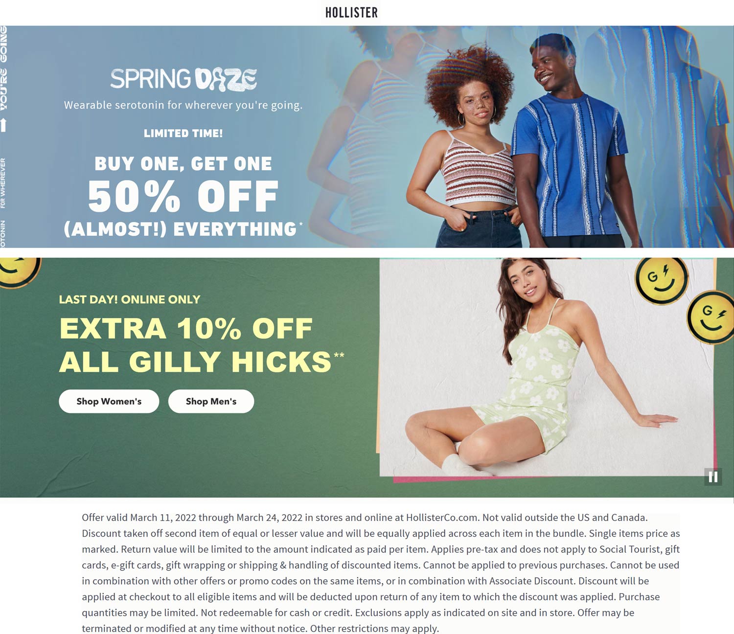 Hollister stores Coupon  Second item 50% off at Hollister, ditto online #hollister 