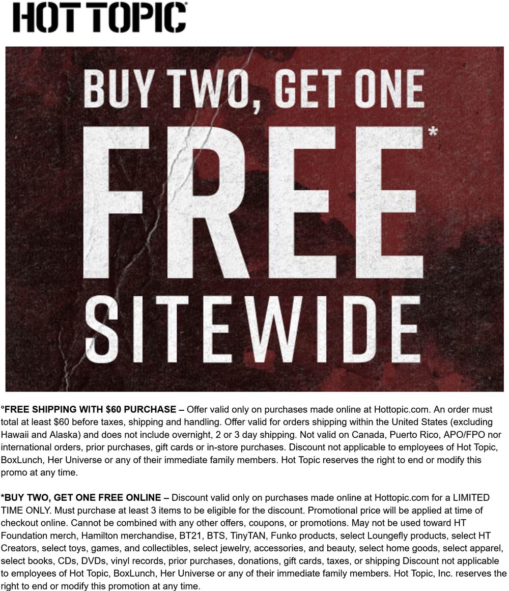Hot Topic stores Coupon  Third item free online at Hot Topic #hottopic 