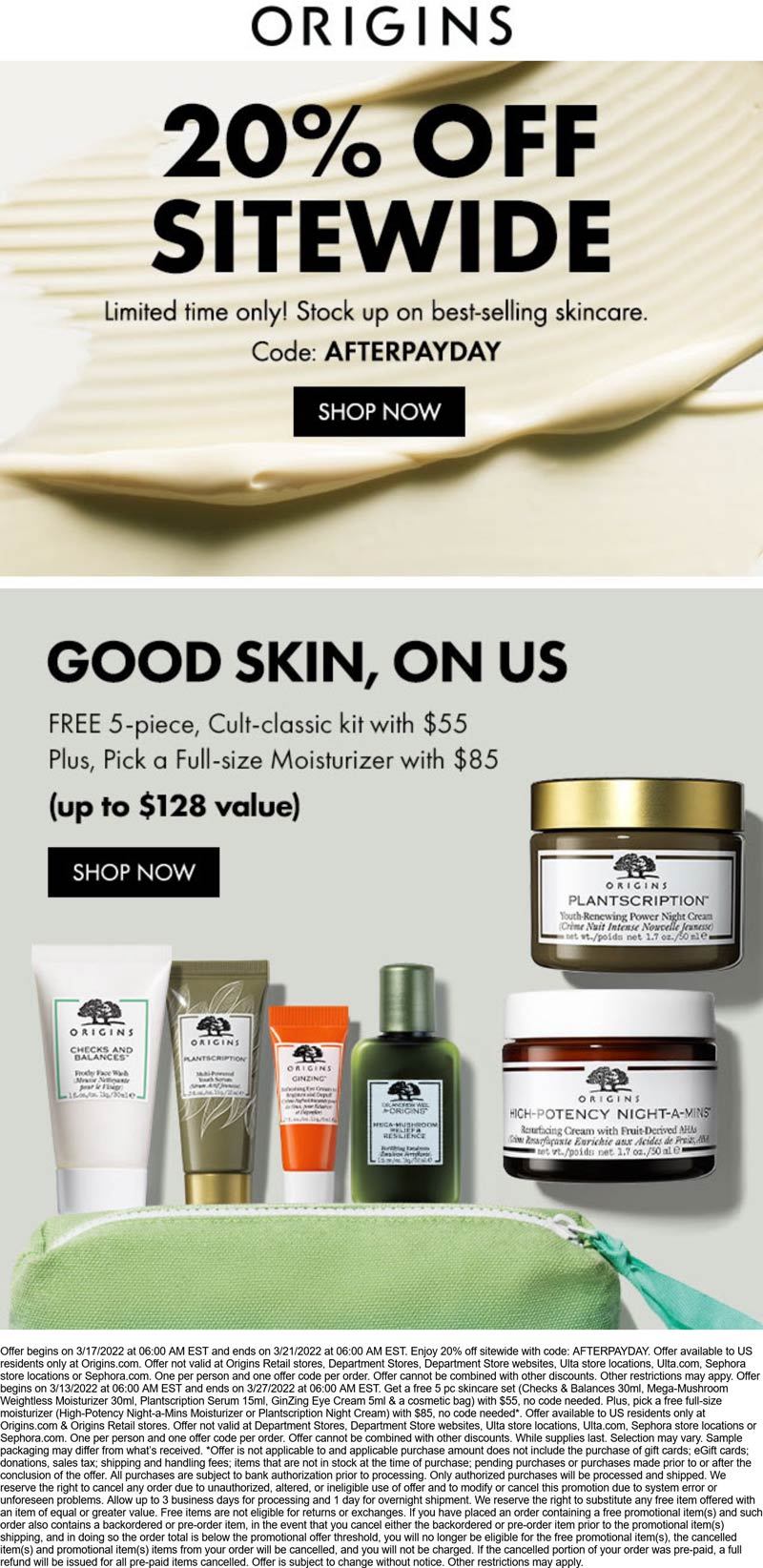 Origins stores Coupon  20% off everything online at Origins via promo code AFTERPAYDAY #origins 