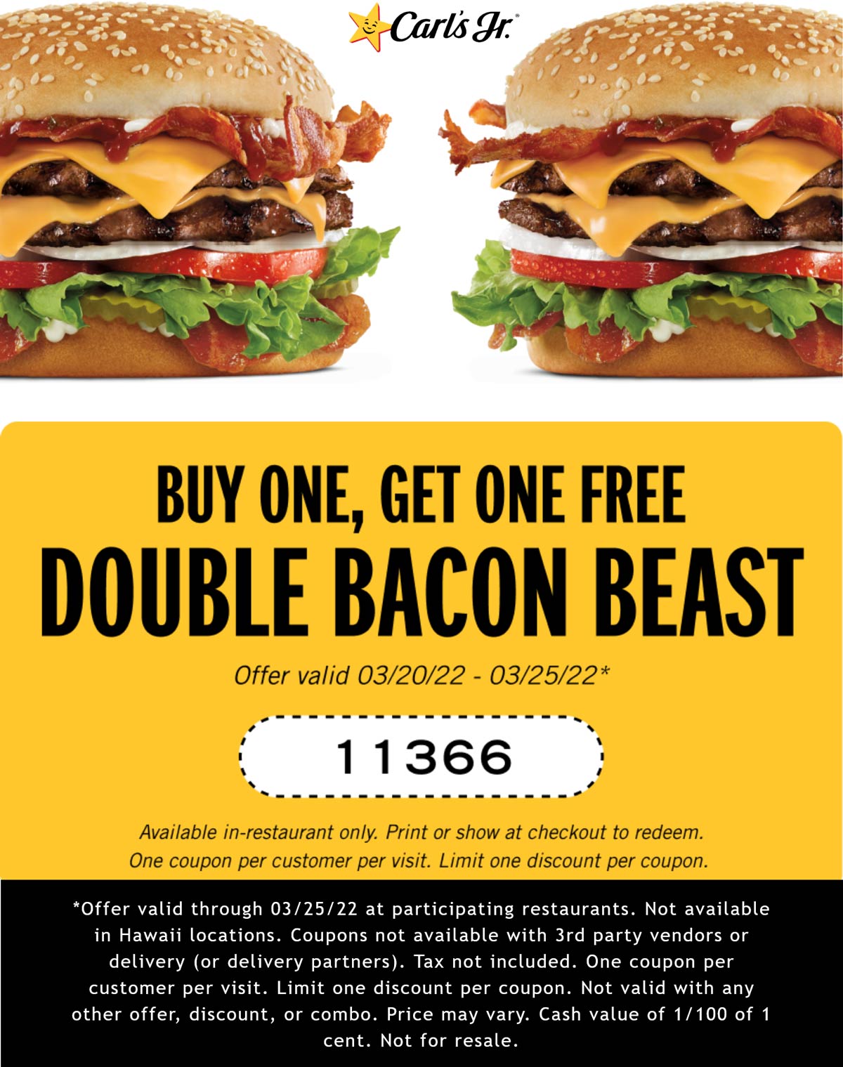 Carls Jr. restaurants Coupon  Second double bacon cheeseburger free at Carls Jr. #carlsjr 
