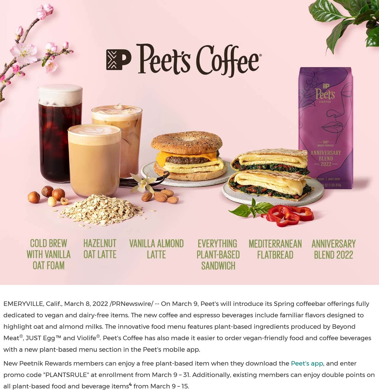 Peets Coffee restaurants Coupon  Free plant-based item via mobile at Peets Coffee and promo code PLANTSRULE #peetscoffee 