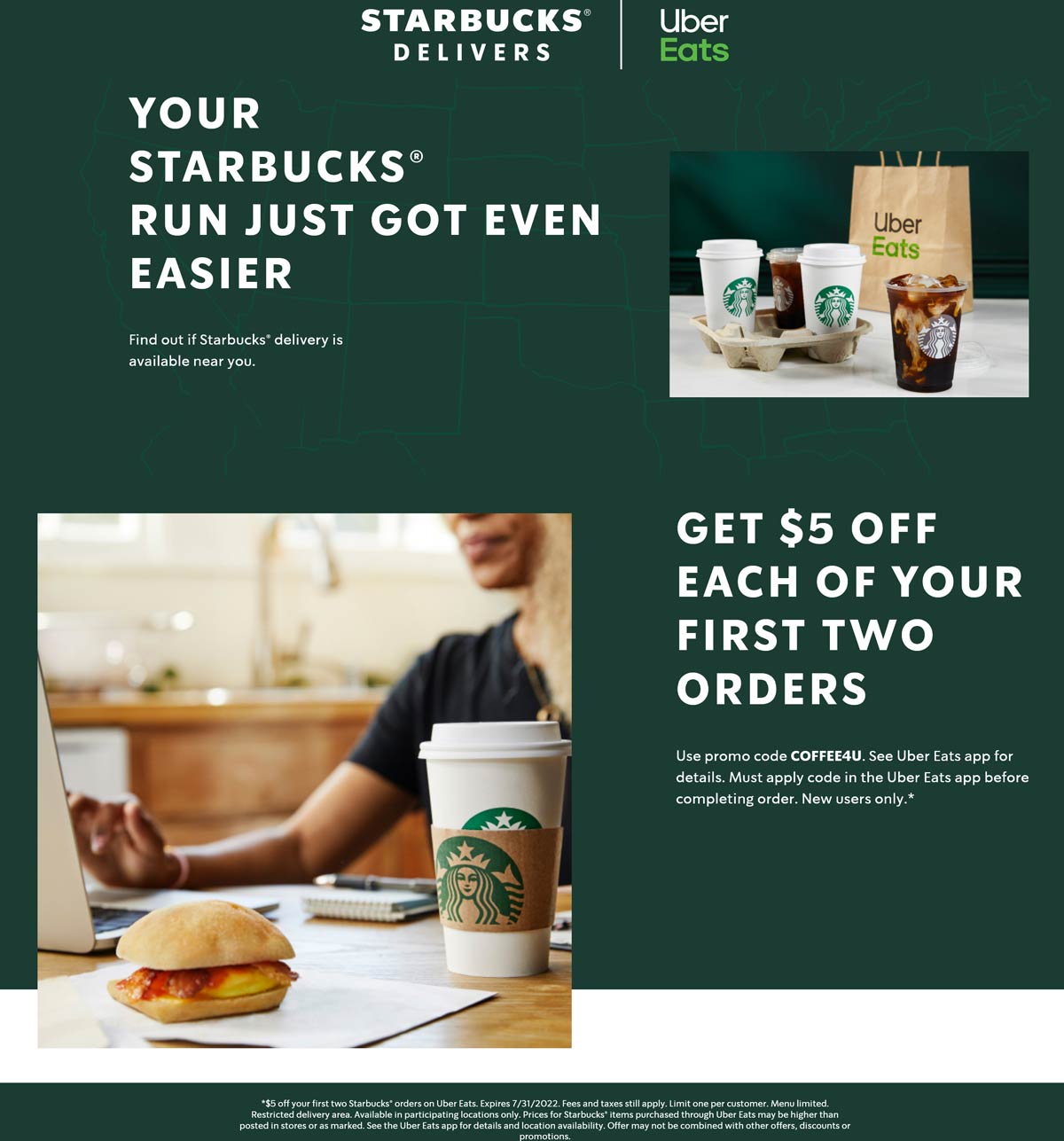 Starbucks restaurants Coupon  $5 off first 2 coffee delivery orders at Starbucks via promo code COFFEE4U #starbucks 