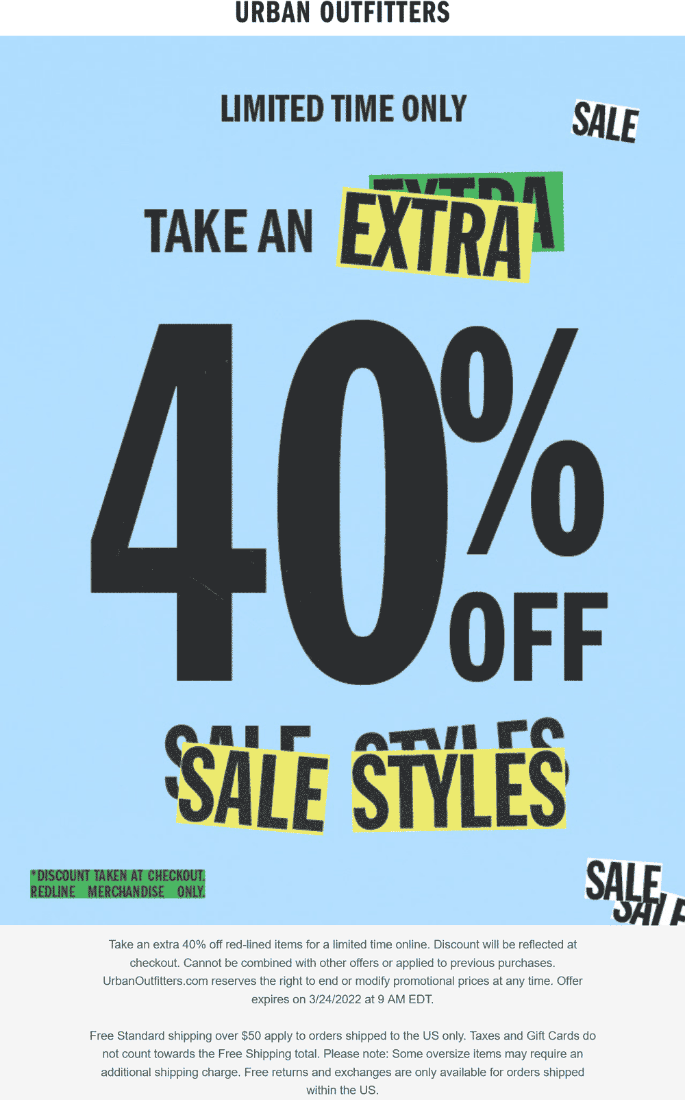 Urban Outfitters stores Coupon  Extra 40% off sale styles online at Urban Outfitters #urbanoutfitters 