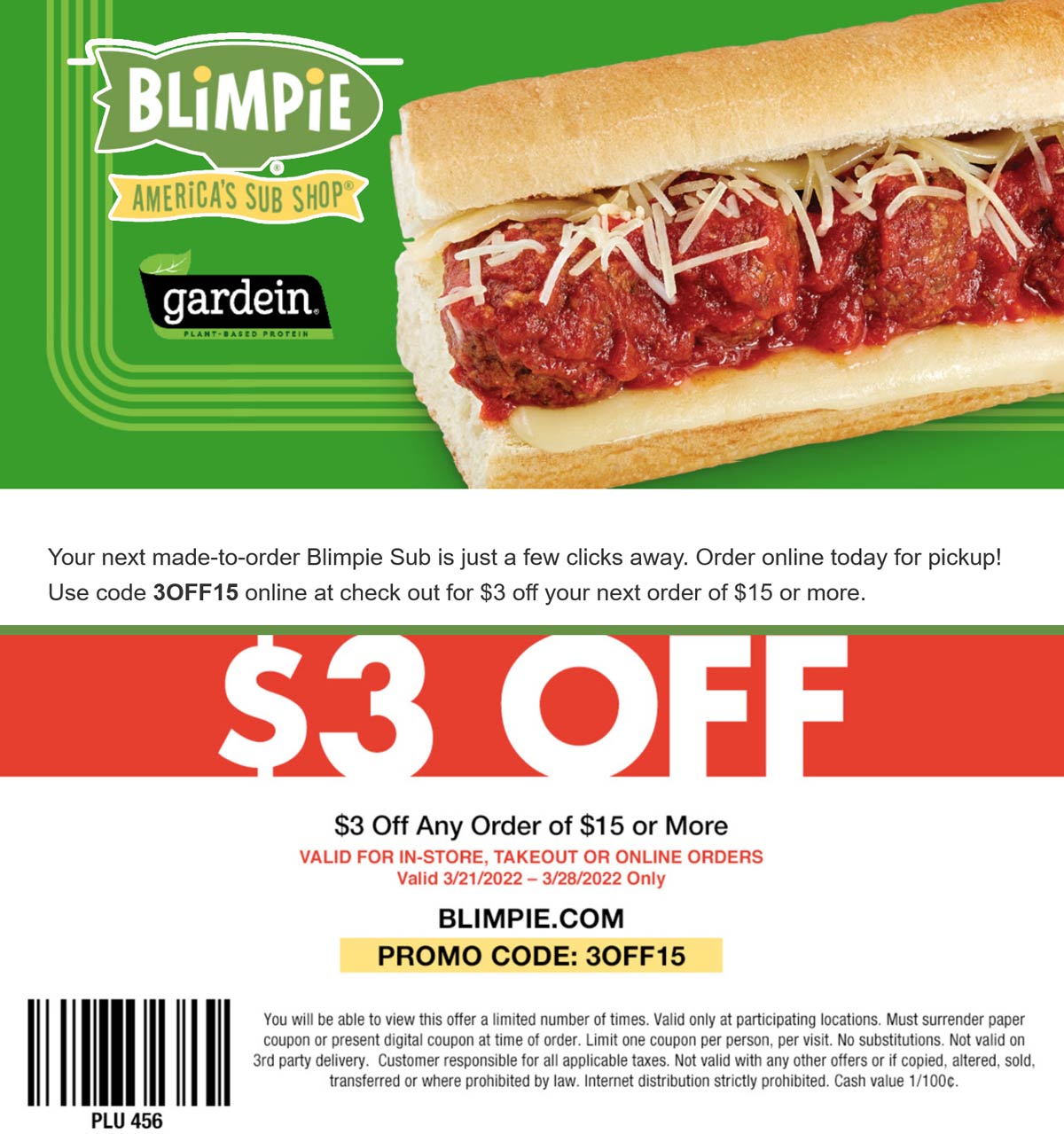 Blimpie restaurants Coupon  $3 off $15 at Blimpie sub sandwich shops via promo code 3OFF15 #blimpie 