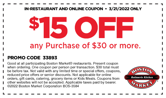 Boston Market coupons & promo code for [December 2022]