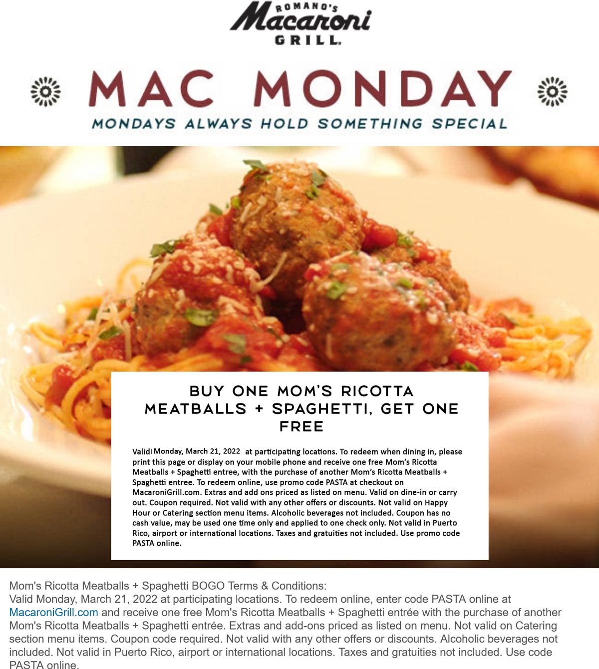 Macaroni Grill restaurants Coupon  Second spaghetti & meatballs entree free today at Macaroni Grill #macaronigrill 