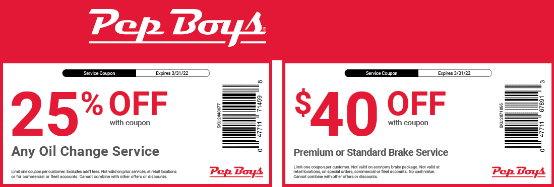 Pep Boys stores Coupon  25% off an oil change & $40 off brake service at Pep Boys automotive #pepboys 