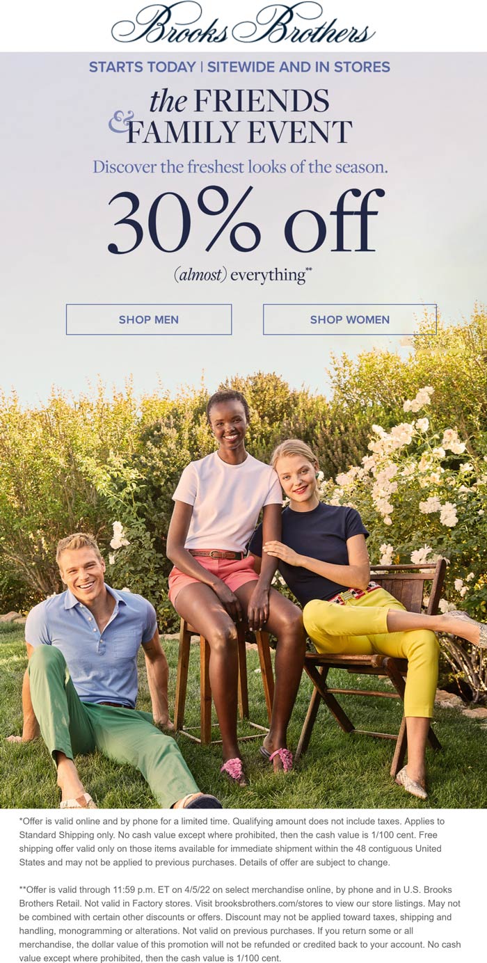 Brooks Brothers stores Coupon  30% off at Brooks Brothers, ditto online #brooksbrothers 