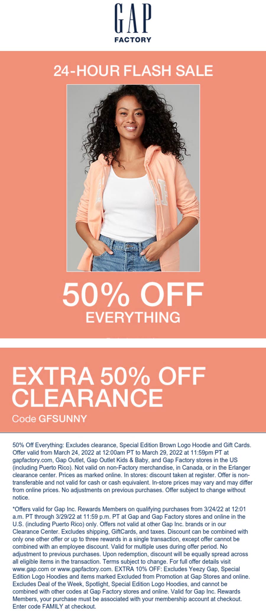 Gap Factory stores Coupon  50% off everything at Gap Factory, or online via promo code GFSUNNY #gapfactory 