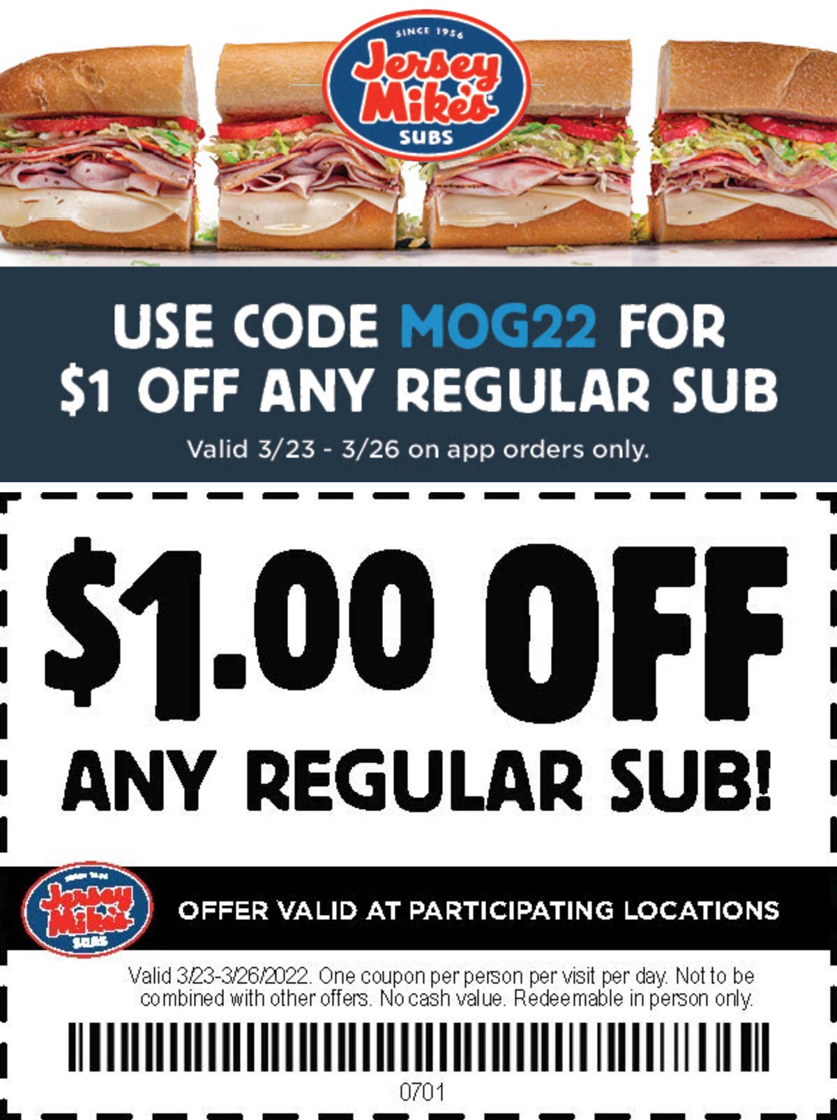 Jersey Mikes restaurants Coupon  $1 off a sub sandwich at Jersey Mikes via promo code MOG22 #jerseymikes 