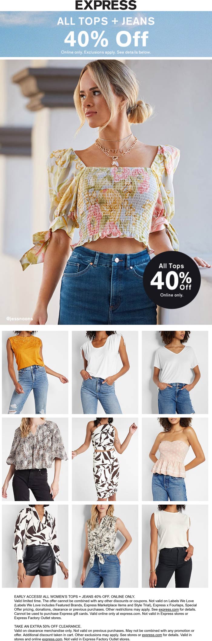 Express stores Coupon  40% off all jeans & tops online at Express #express 
