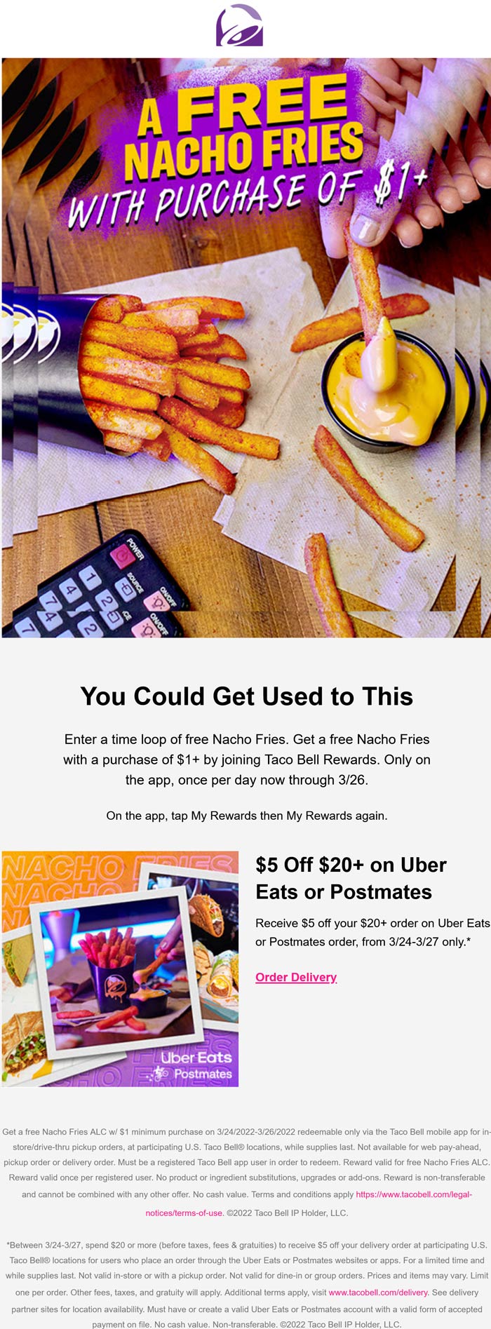 Taco Bell restaurants Coupon  Free nacho fries daily on $1 via rewards at Taco Bell #tacobell 