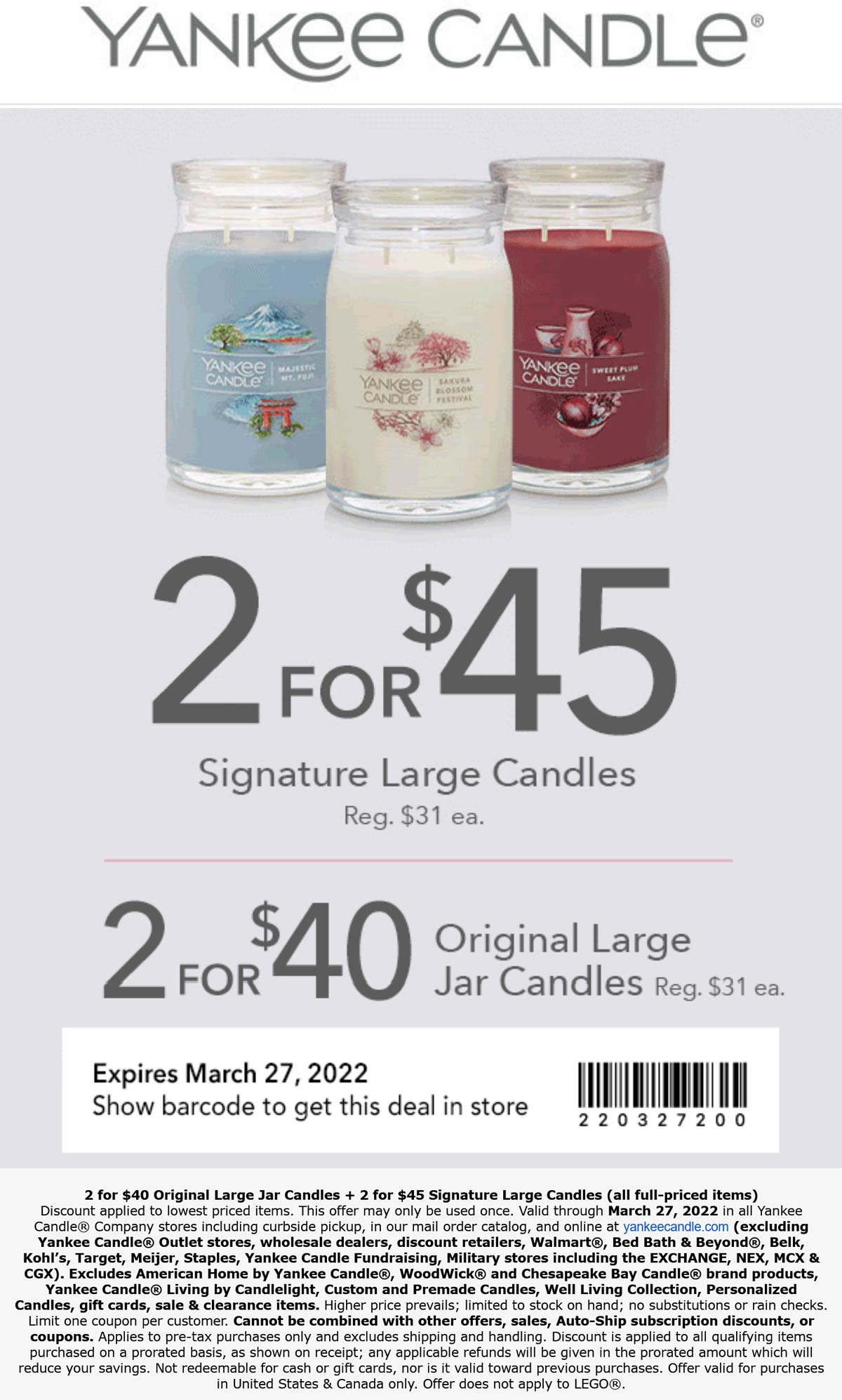 Yankee Candle stores Coupon  2 large candles for $40 at Yankee Candle, ditto online #yankeecandle 