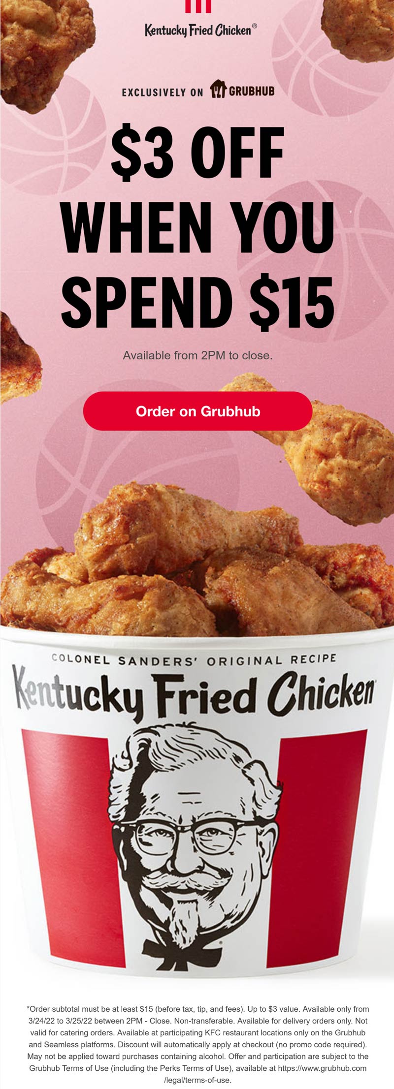 KFC restaurants Coupon  $3 off $15 via delivery today at KFC restaurants #kfc 