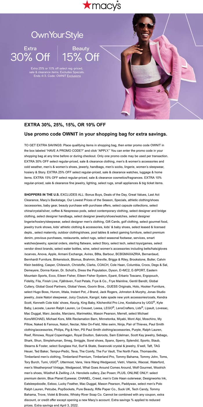 Macys stores Coupon  15-30% off at Macys, or online via promo code OWNIT #macys 