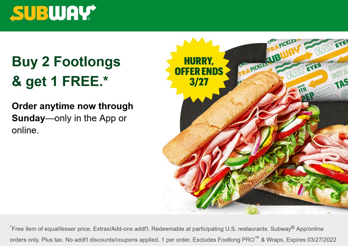 Subway restaurants Coupon  3rd footlong sub sandwich free at Subway via promo code FREESUB #subway 