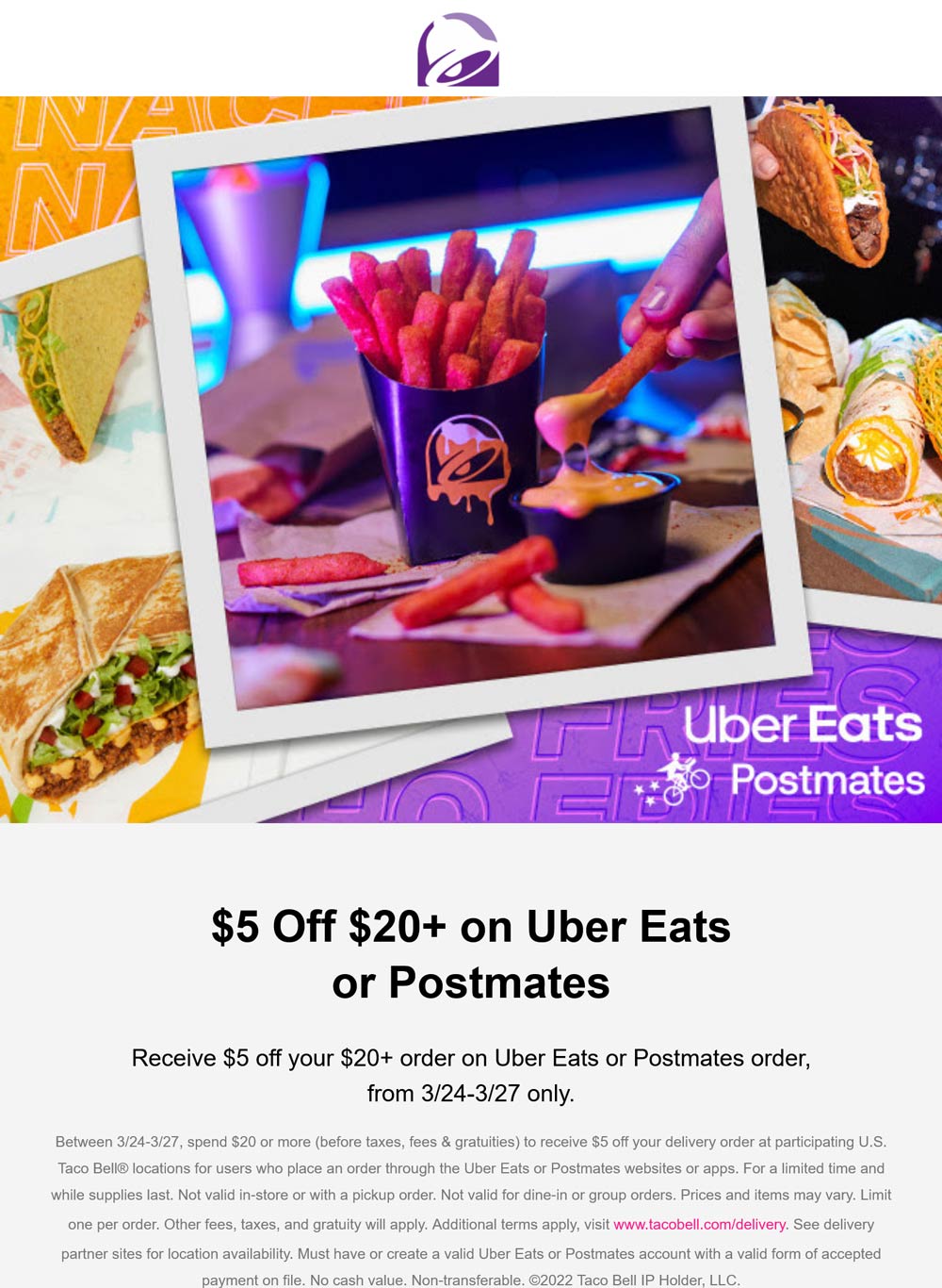 Taco Bell restaurants Coupon  $5 off $20 on delivery at Taco Bell #tacobell 