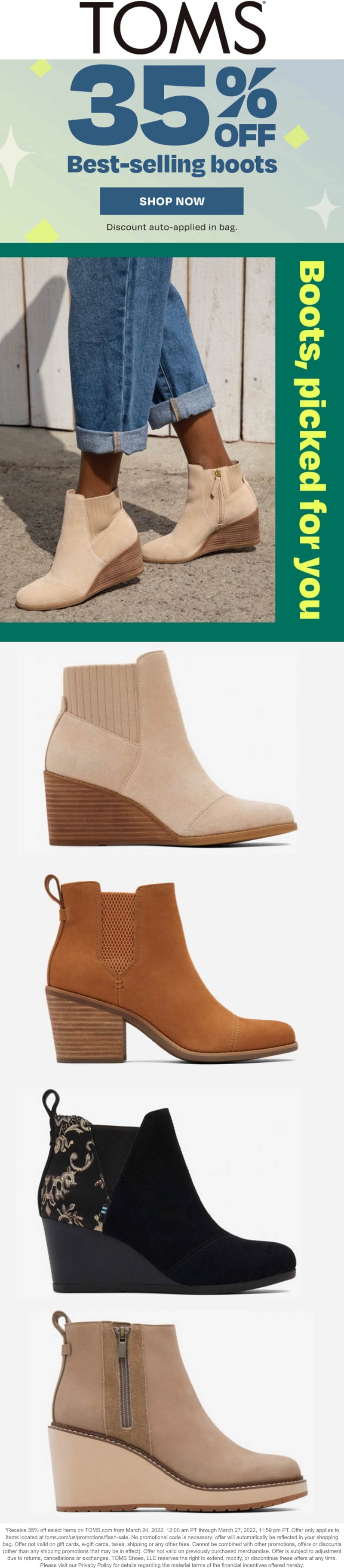 TOMS stores Coupon  35% off boots at TOMS Shoes #toms 