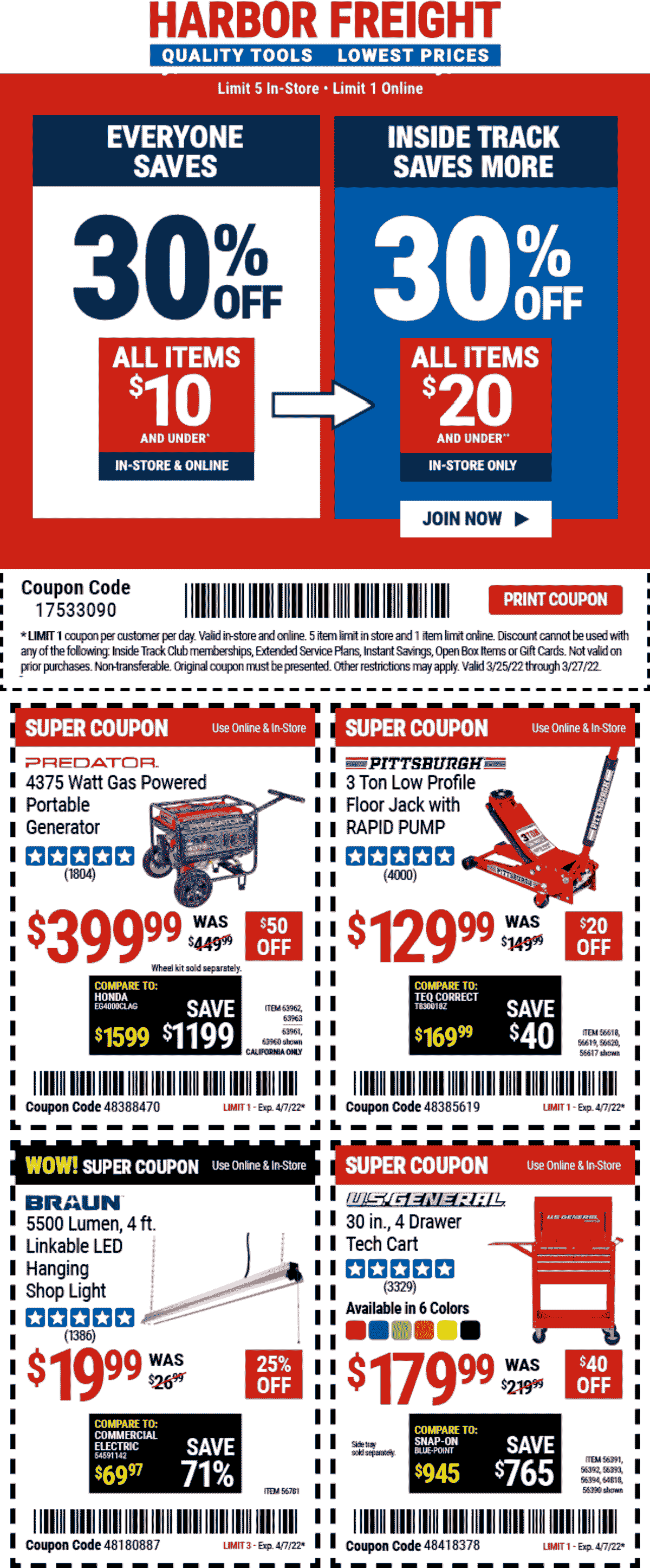 Harbor Freight Tools stores Coupon  30% off items $10-$20 or less at Harbor Freight Tools, or online via promo code 17533090 #harborfreighttools 