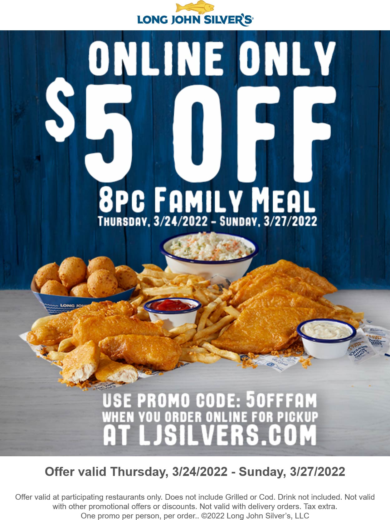 Long John Silvers restaurants Coupon  $5 off family meal at Long John Silvers via promo code 5OFFFAM #longjohnsilvers 