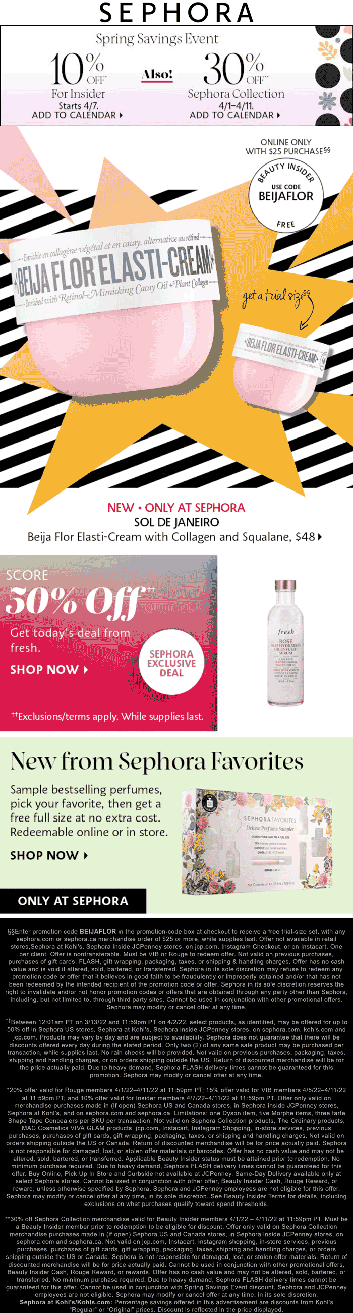 Sephora restaurants Coupon  Try a fragrance & get a free full size + free elasta cream on $25 at Sephora via promo code BEIJAFLOR #sephora 