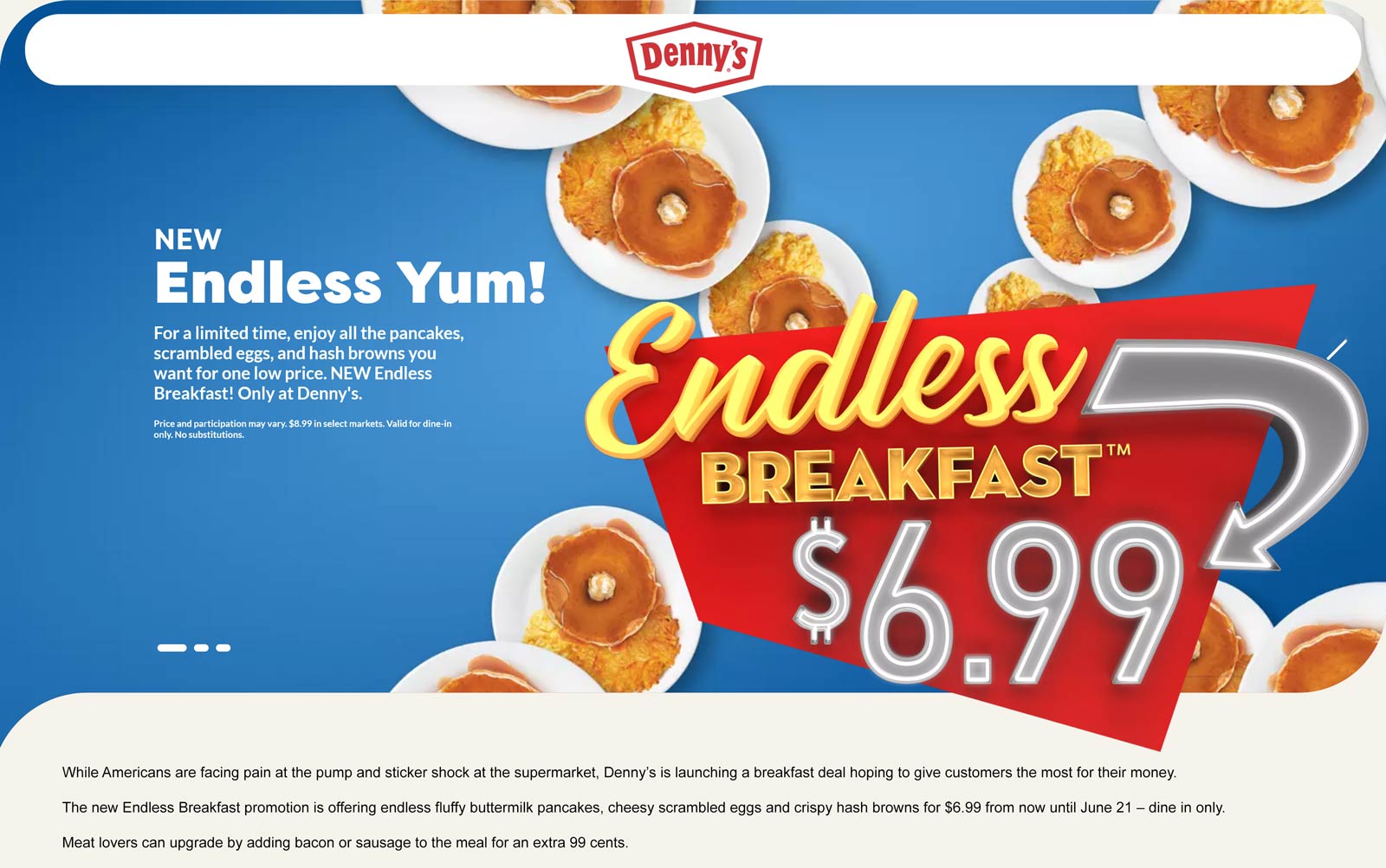 Dennys restaurants Coupon  Dine in on bottomless pancakes + scrambled eggs + hash browns = $7 at Dennys #dennys 