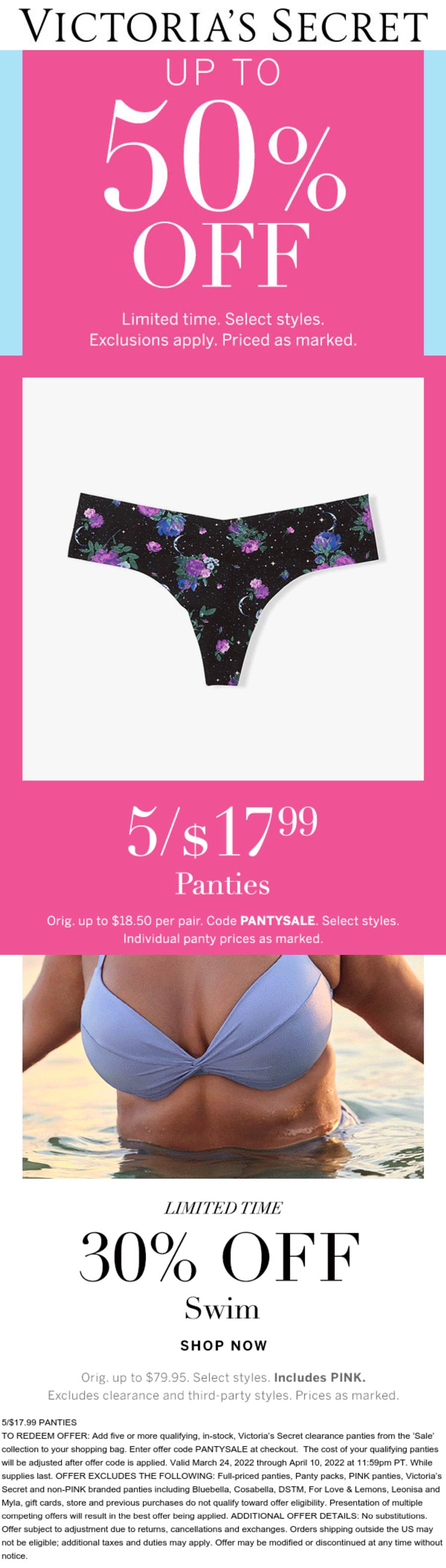 Victorias Secret stores Coupon  5 for $18 panties & 30% off swim at Victorias Secret via promo code PANTYSALE #victoriassecret 