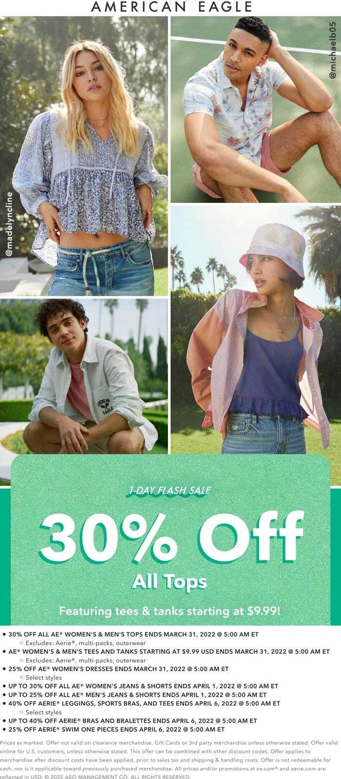 American Eagle stores Coupon  30% off all tops today at American Eagle #americaneagle 