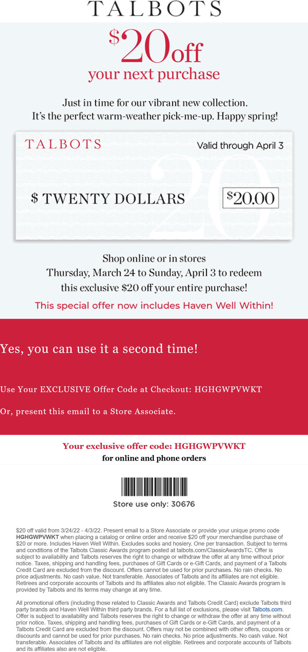 Talbots stores Coupon  $20 off $20 at Talbots, or online via promo code HGHGWPVWKT #talbots 