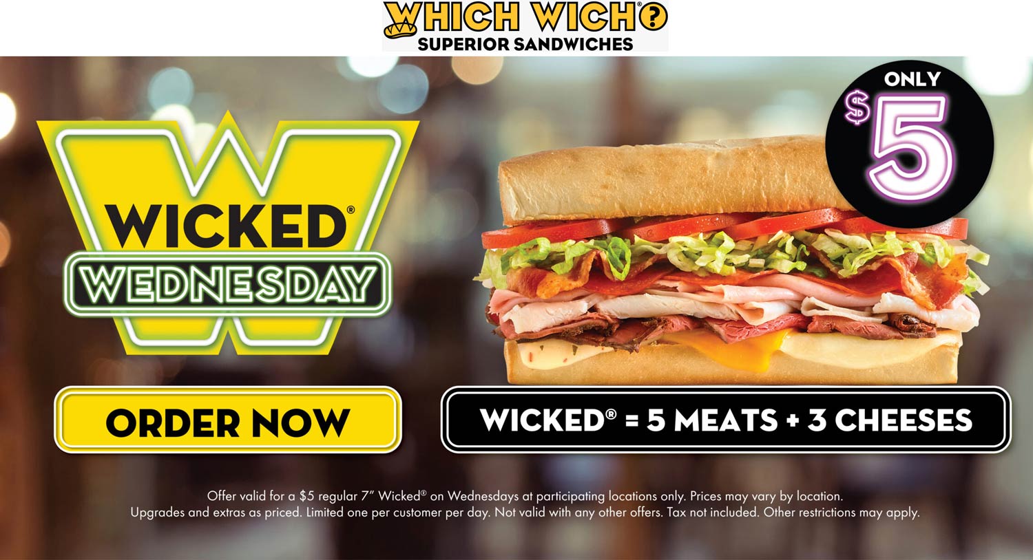 Which Wich restaurants Coupon  5 meat + 3 cheese sub sandwich for $7 today at Which Wich #whichwich 