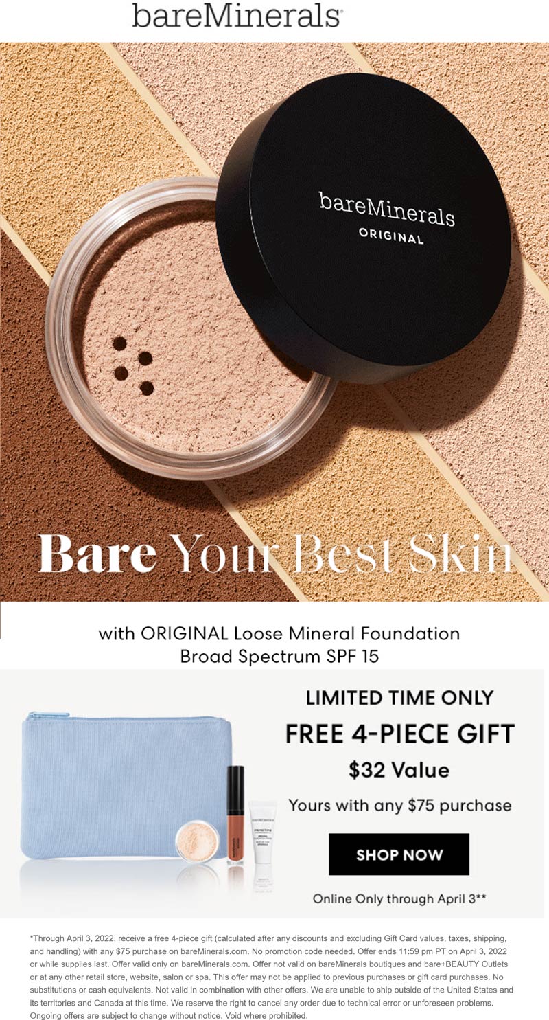 bareMinerals stores Coupon  Free 4pc $32 set with $75 spent online at bareMinerals #bareminerals 