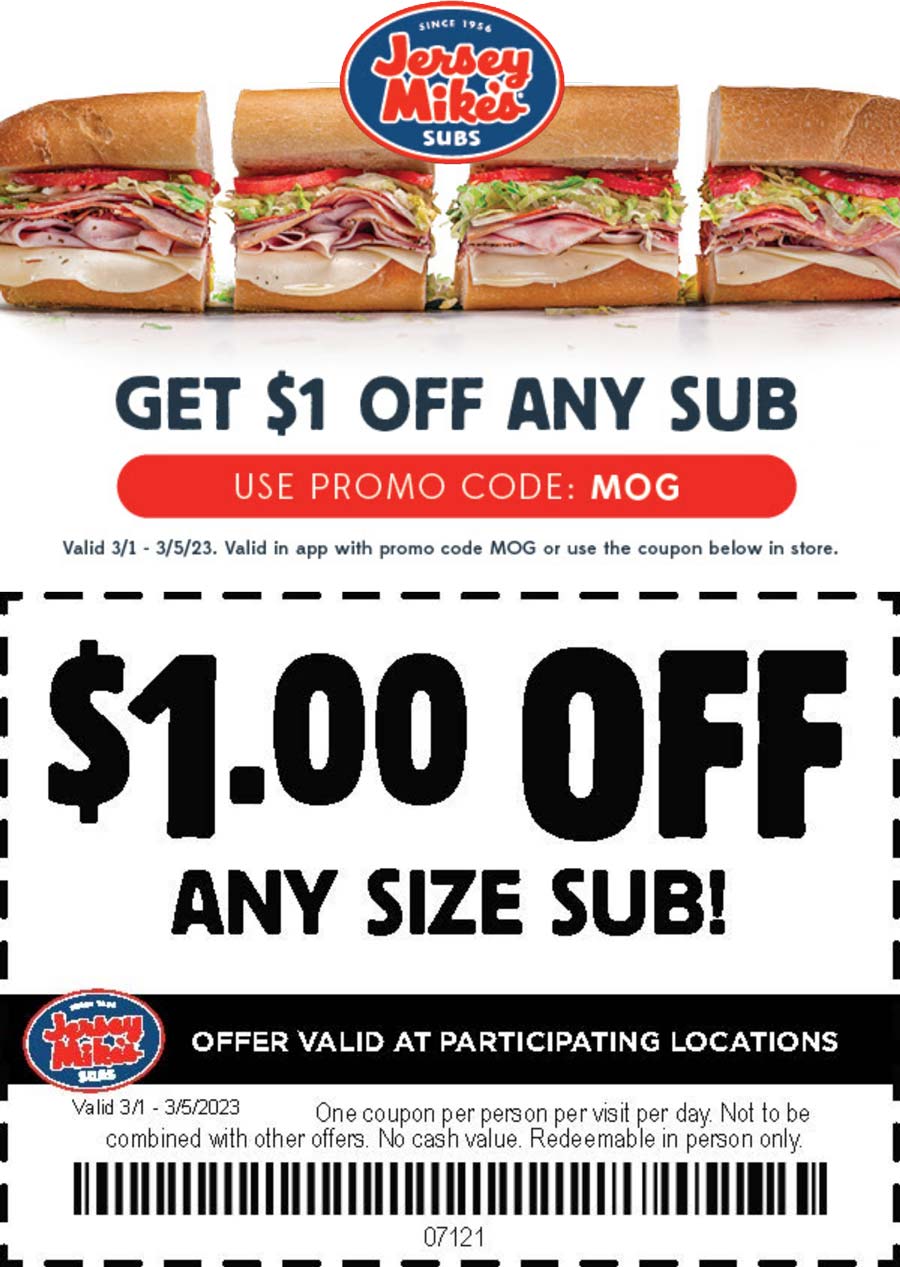 Jersey Mikes restaurants Coupon  Shave a buck off a sub sandwich at Jersey Mikes #jerseymikes 