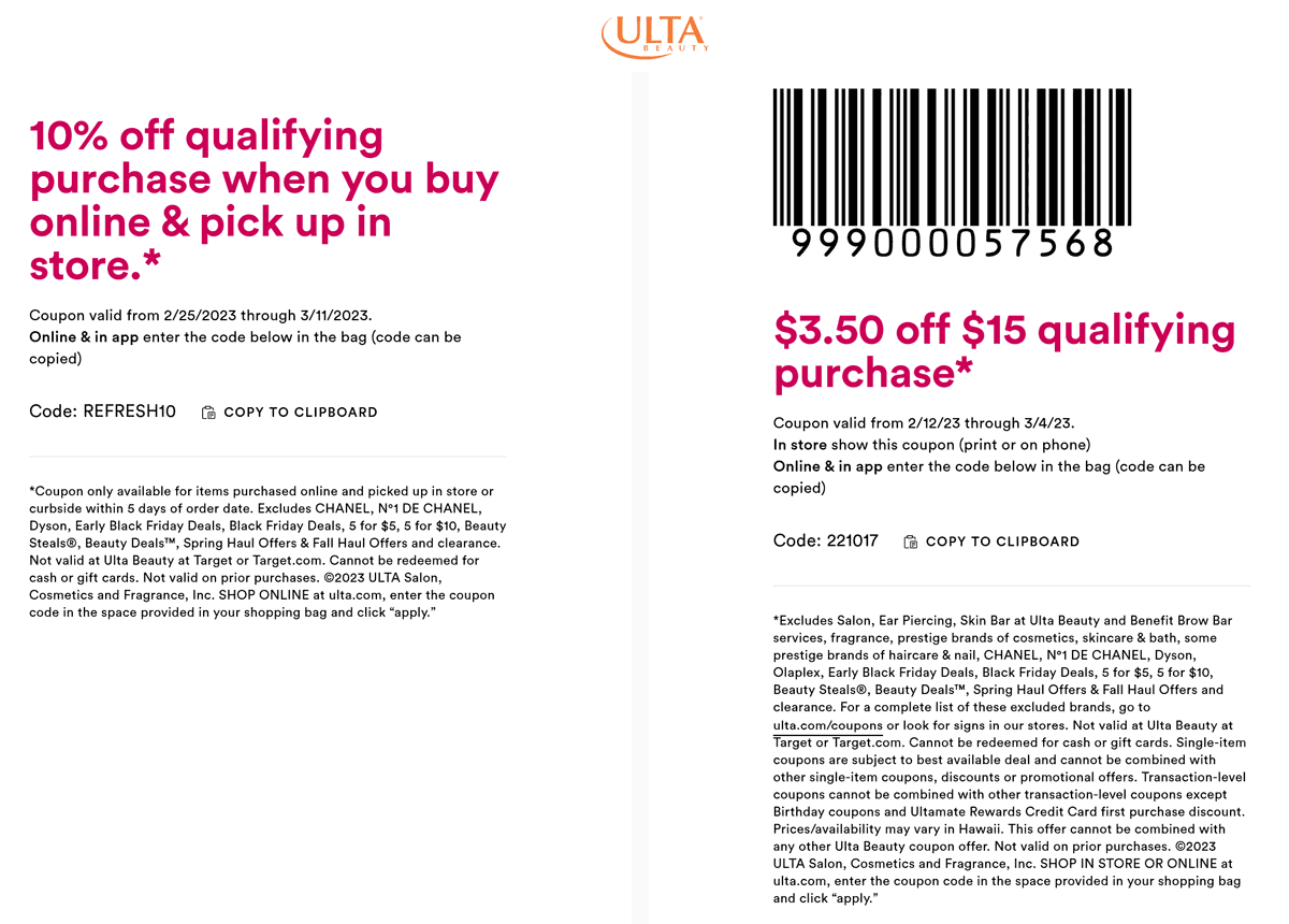 Ulta stores Coupon  $3.50 off $15 at Ulta Beauty, or online via promo code 221017 #ulta 