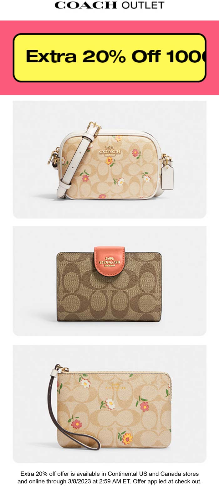 Coach Outlet stores Coupon  Extra 20% off bags at Coach Outlet, ditto online #coachoutlet 