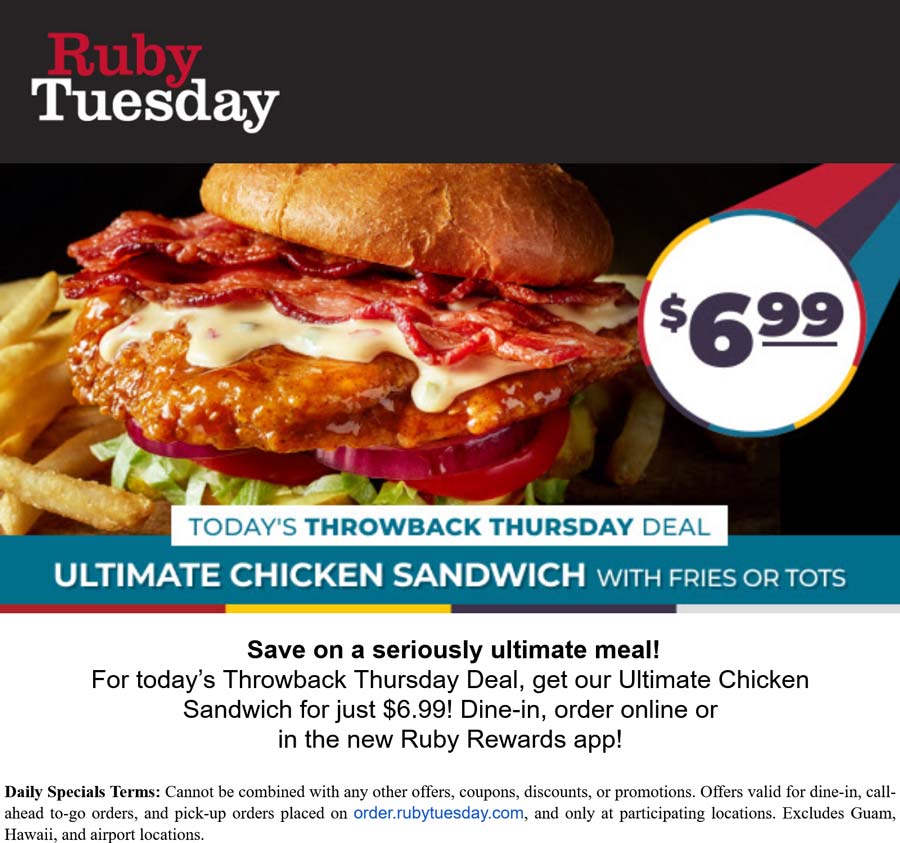 Ruby Tuesday restaurants Coupon  Chicken & bacon sandwich + fries = $7 today at Ruby Tuesday #rubytuesday 