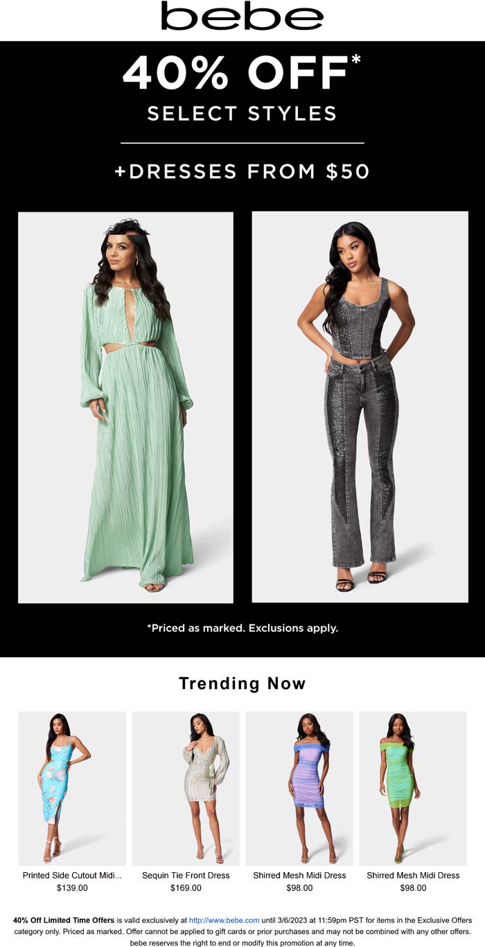 bebe stores Coupon  40% off exclusives online at bebe #bebe 