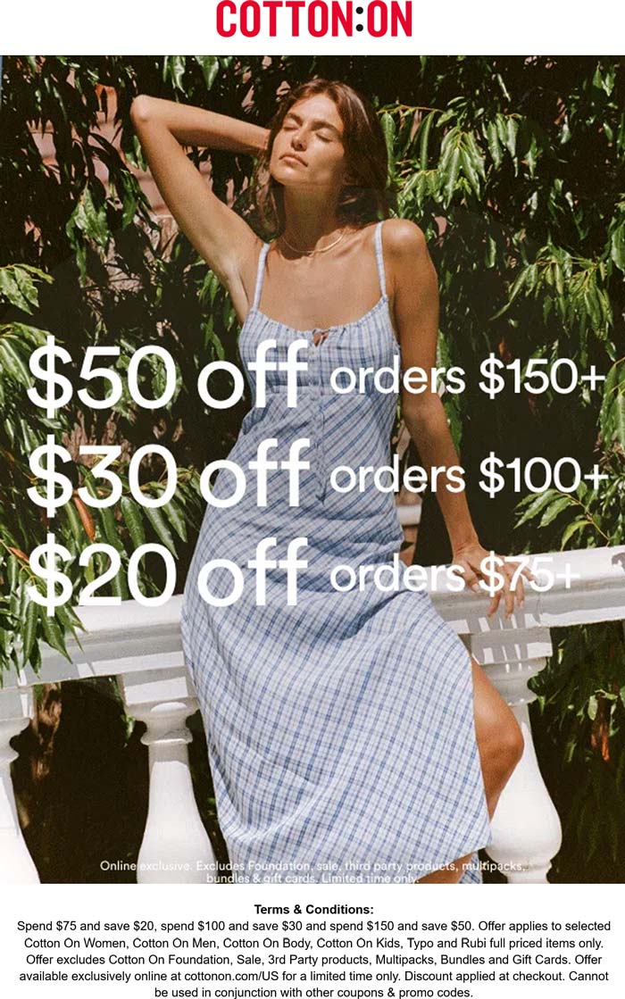 Cotton On stores Coupon  $20-$50 off $75+ online at Cotton On #cottonon 