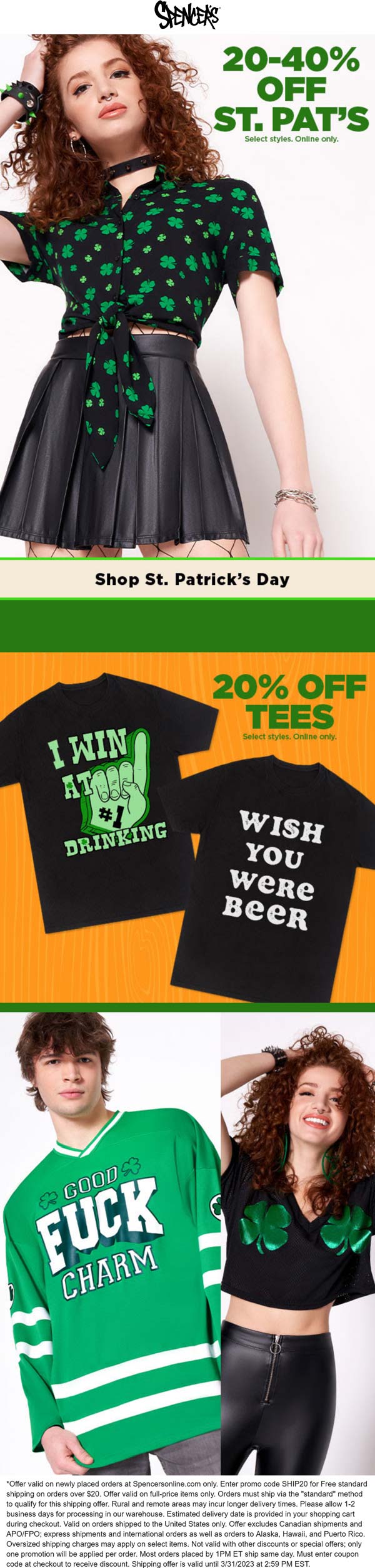 Spencers stores Coupon  20-40% off St Patricks day items online at Spencers with free shipping via promo code SHIP20 #spencers 