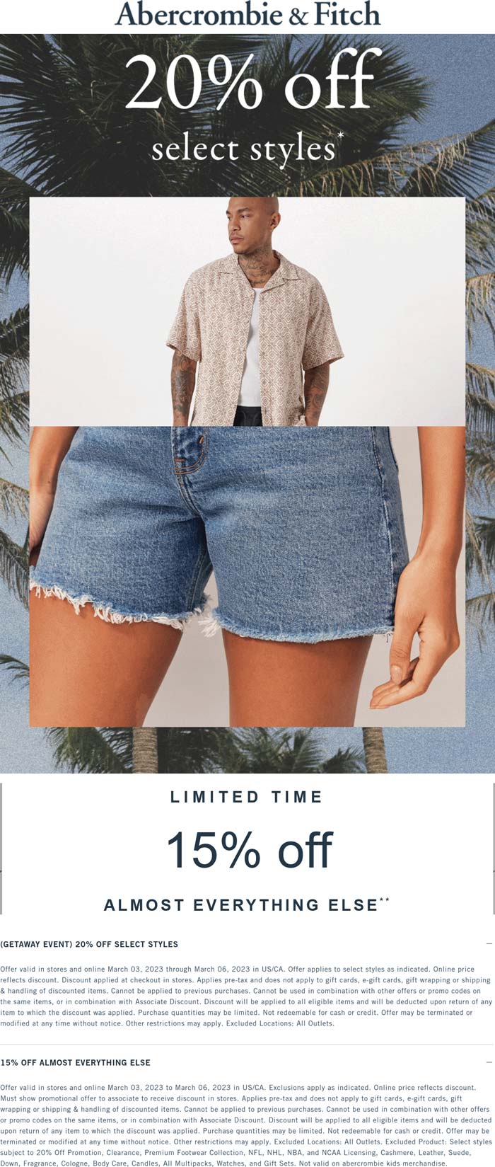 Abercrombie & Fitch stores Coupon  15-20% off everything at Abercrombie & Fitch, ditto online #abercrombiefitch 