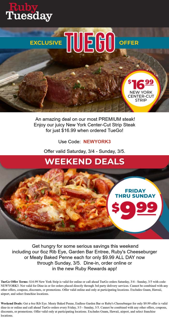 Ruby Tuesday restaurants Coupon  $17 strip steak meal to go at Ruby Tuesday via promo code NEWYORK3 #rubytuesday 