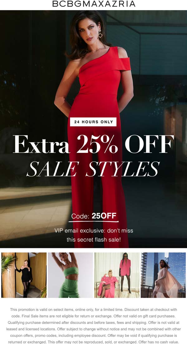 BCBGMAXAZRIA stores Coupon  Extra 25% off today at BCBGMAXAZRIA via promo code 25OFF #bcbgmaxazria 
