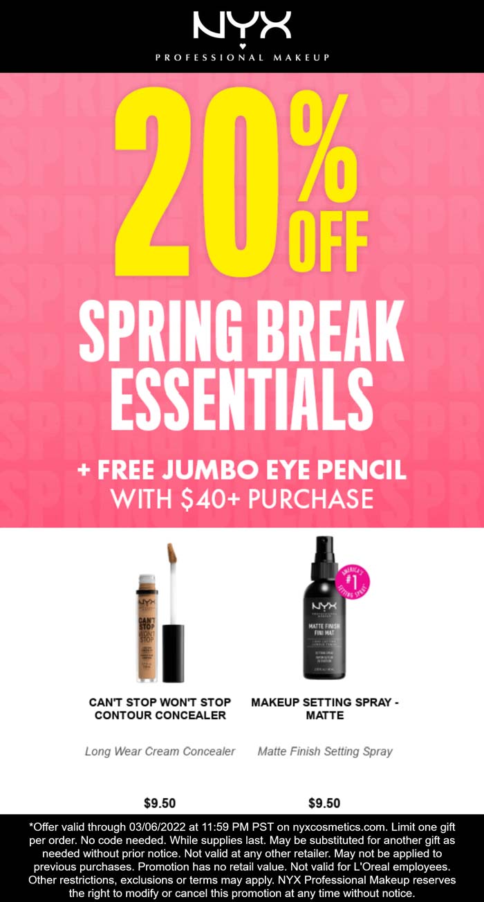 NYX Professional Makeup stores Coupon  20% off + free eye pencil on $40 today at NYX Professional Makeup #nyxprofessionalmakeup 