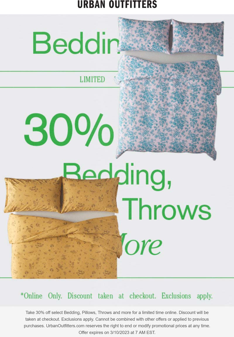 Urban Outfitters stores Coupon  30% off bedding & more online at Urban Outfitters #urbanoutfitters 